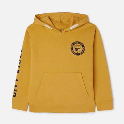Sudadera de niño mostaza con capucha.