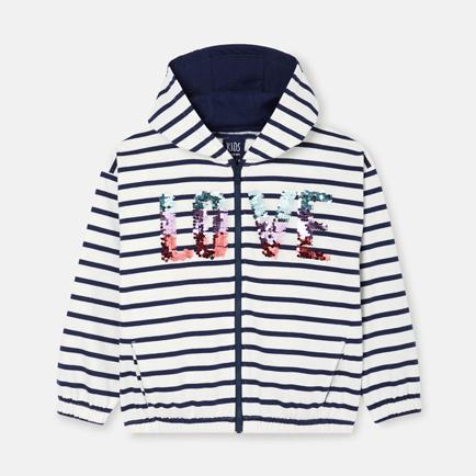 Sudadera de niña con rayas y lentejuelas azul.